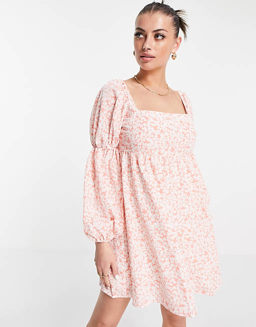 Fashion Union mini volume smock dress with puff sleeves in pink floral