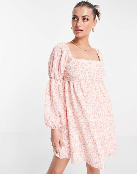 Fashion Union mini volume smock dress with puff sleeves in pink floral