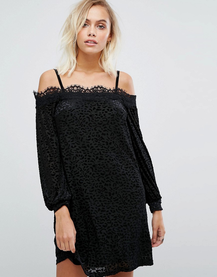 Fashion Union Off Shoulder Dress With Lace Neckline in Leopard Burnout Velvet-Multi