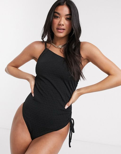 Fashion Union one shoulder ruched swimsuit in black