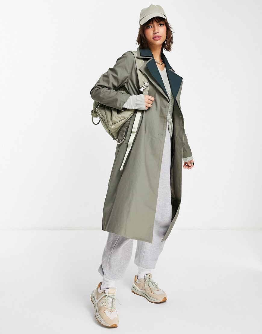 Fashion Union oversized trench coat with double contrast collar-Green