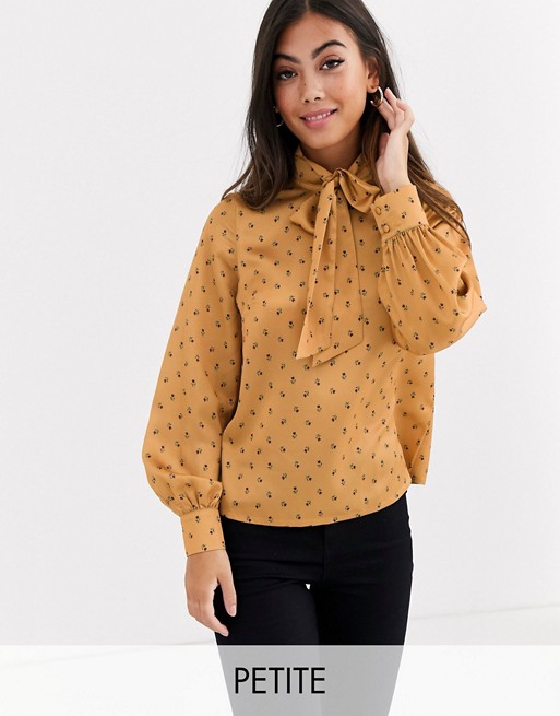 Fashion Union Petite bow front blouse in yellow floral satin