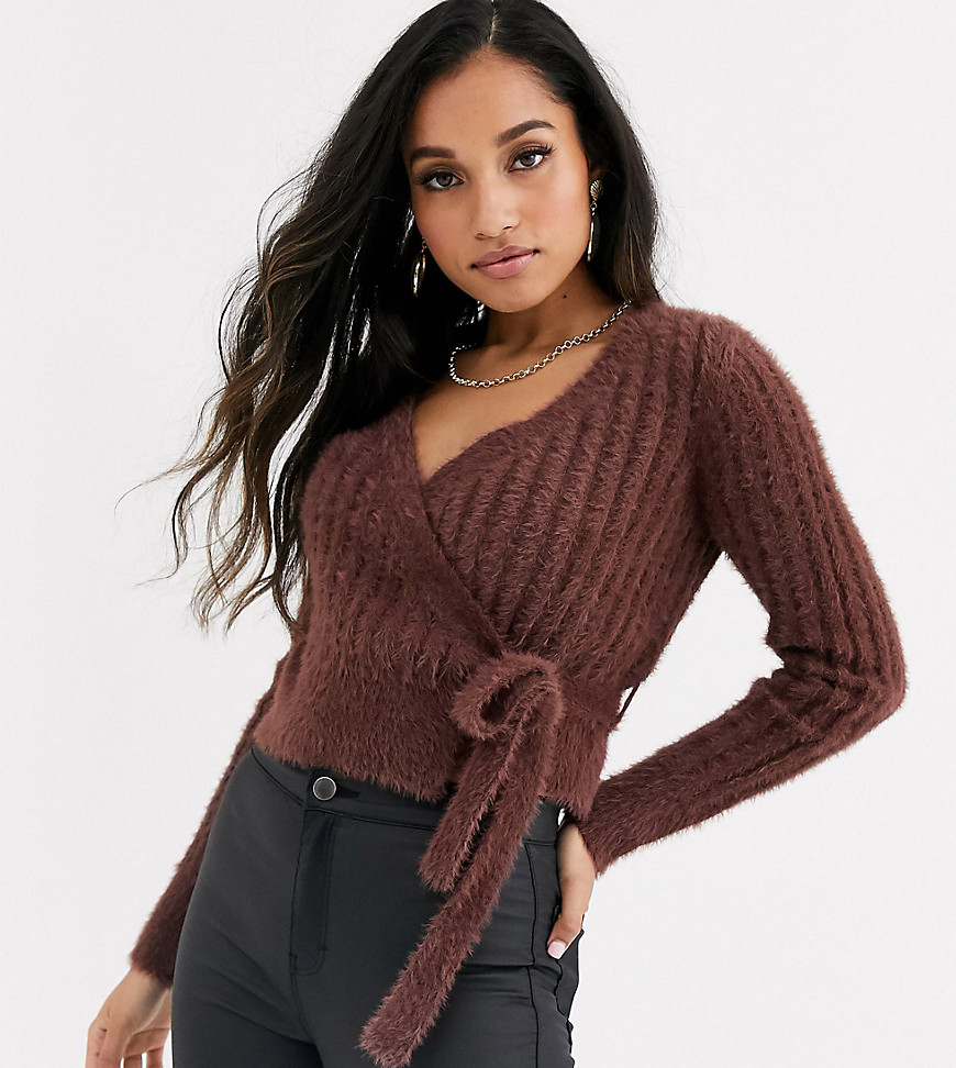 Fashion Union Petite fluffy knit fitted cardigan-Brown