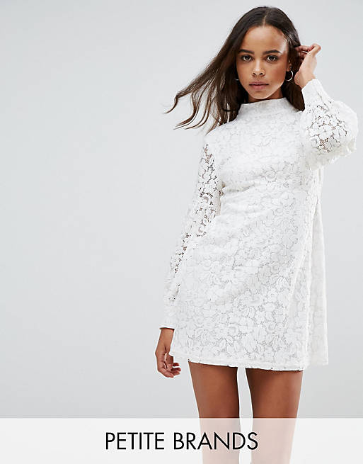 Fashion Union Petite High Neck Dress With Lace Puff Sleeves | ASOS
