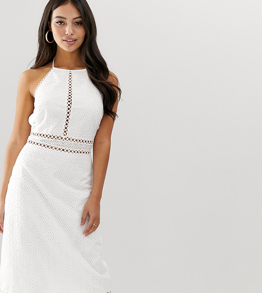 Fashion Union Petite high neck lace midi dress with peplum hem-White