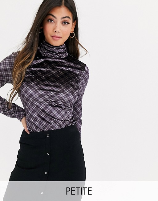 Fashion Union Petite high neck long sleeve top in velvet check