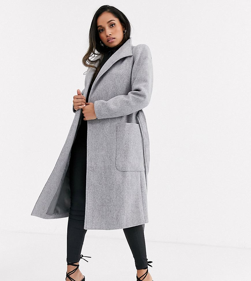 Fashion Union Petite – longline frakke med bælte-Grå