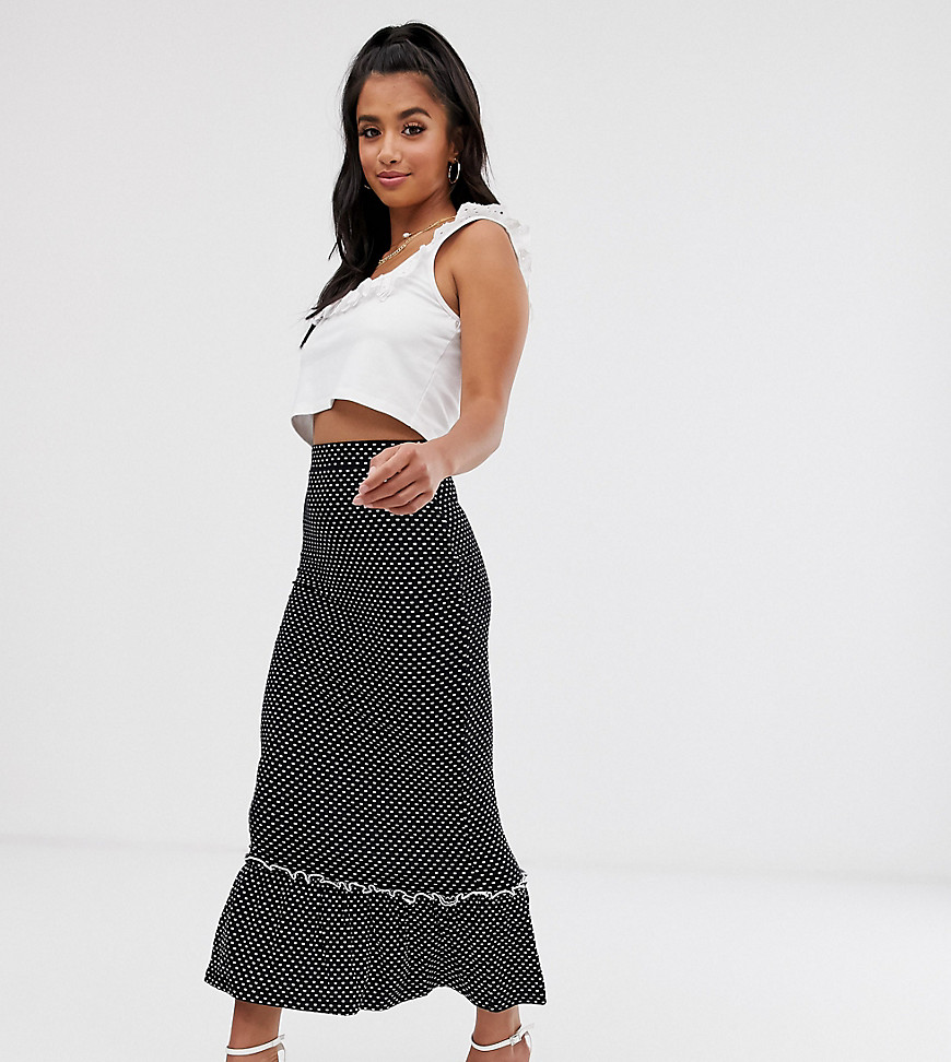 Fashion Union Petite midi skirt with peplum hem in spot print-Black