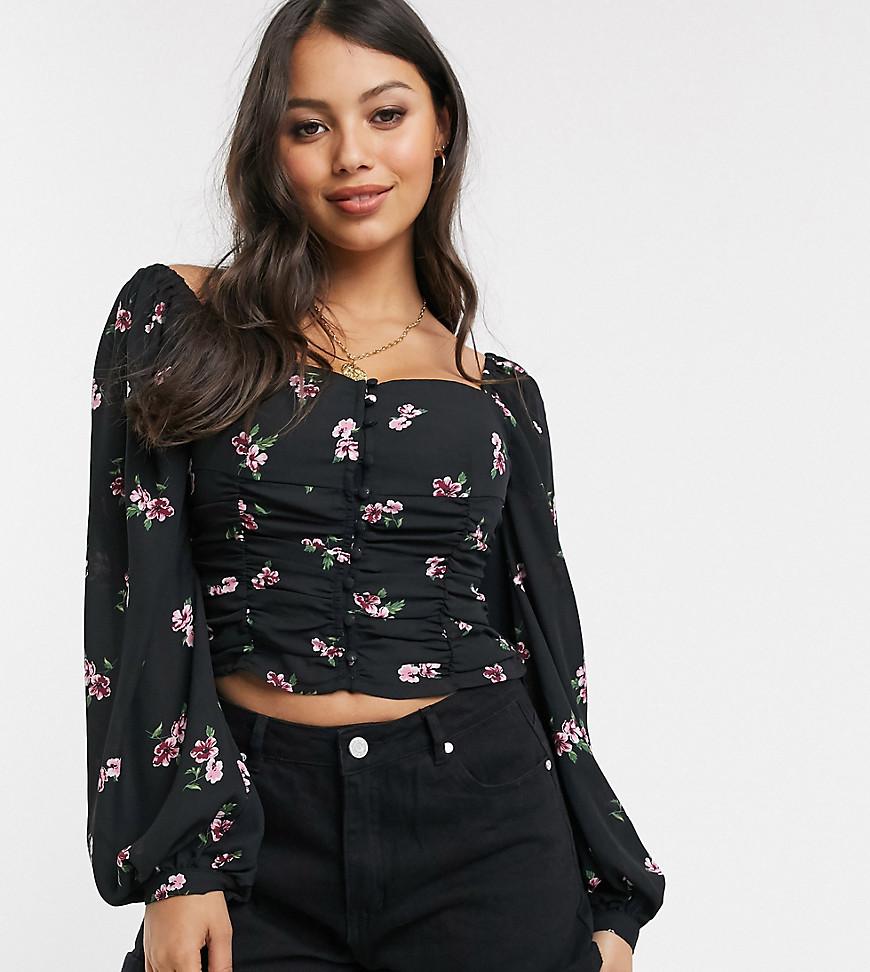 Fashion Union Petite milkmaid button front top in black floral