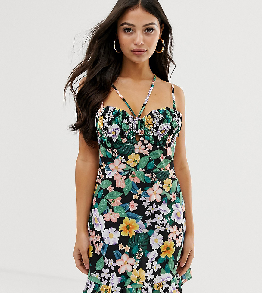 Fashion Union Petite mini dress with structured bralet in floral-Multi