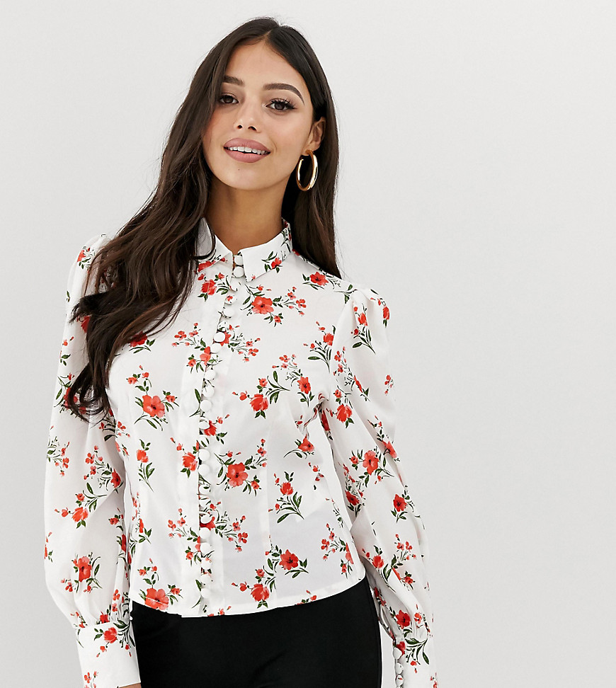 Fashion Union Petite - Overhemd met knopen en bloemenprint-Wit