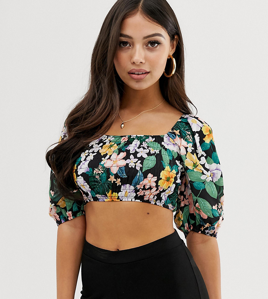 Fashion Union Petite ruched top with balloon sleeves in floral-Multi
