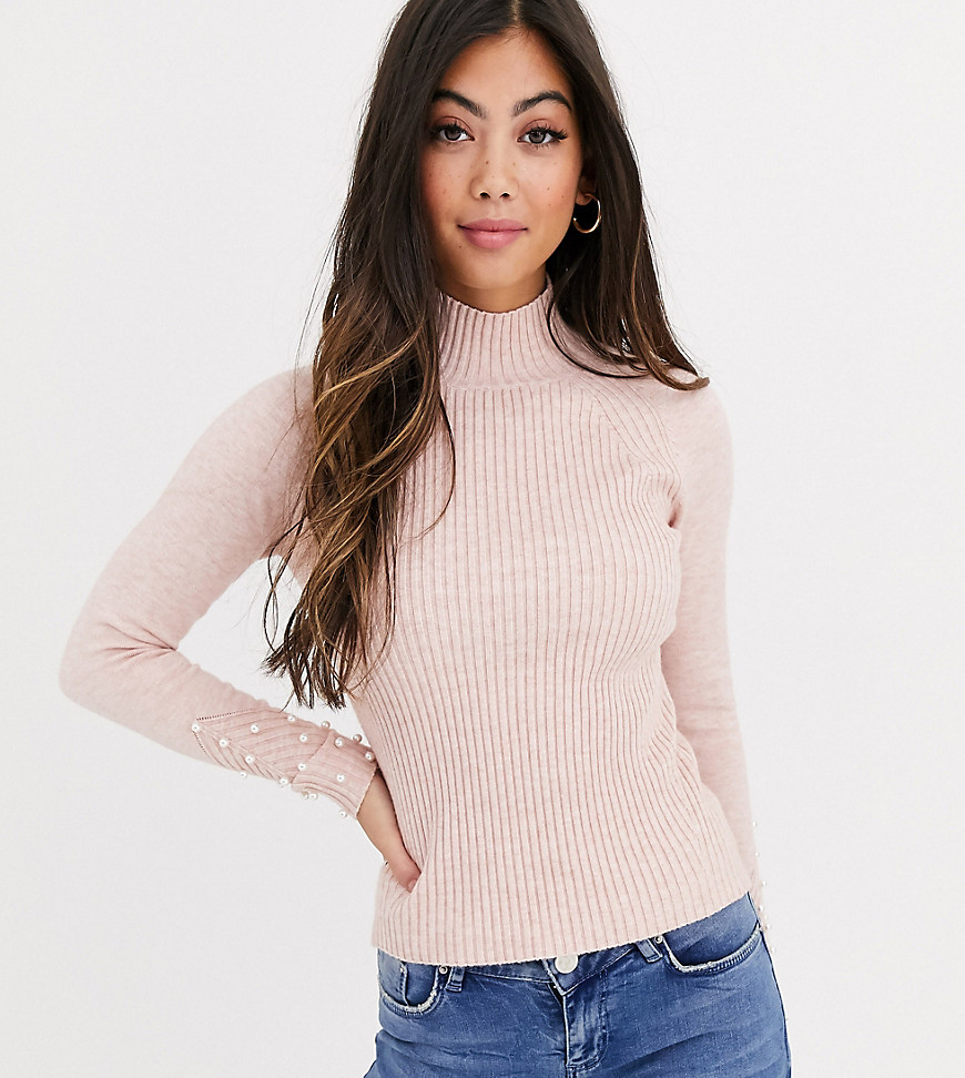 Fashion Union Petite slim fit jumper with pearl sleeve detail-Pink