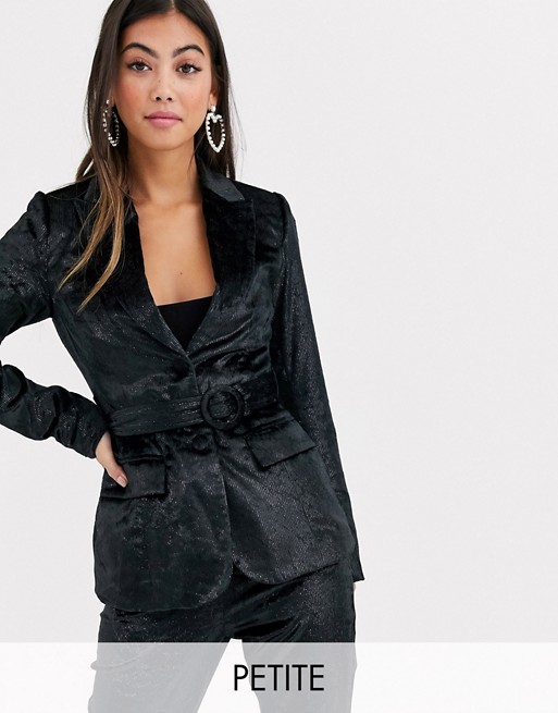 Fashion Union Petite tailored blazer with belted waist in black tinsel velvet