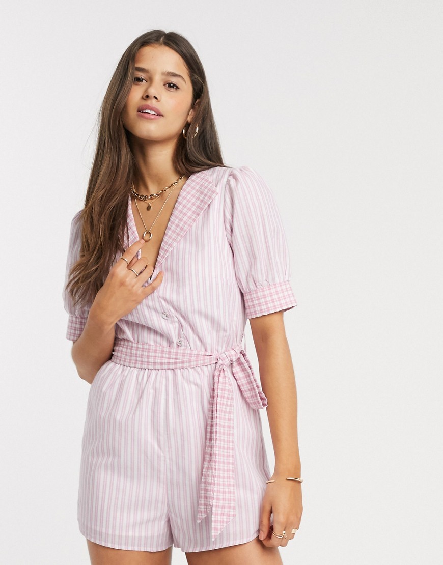 Fashion Union playsuit in gingham with tie waist-Pink