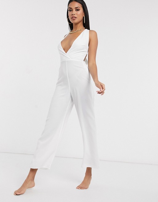 Fashion Union plunge front beach jumpsuit in white