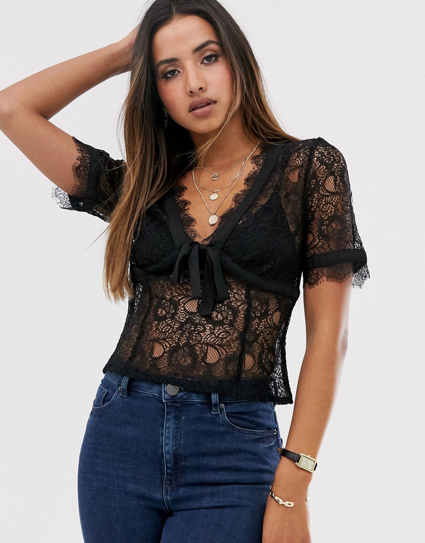 Fashion Union plunge front blouse with tie front in delicate lace-Black