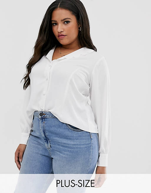 Fashion Union plus button down blouse with puff sleeves and scallop collar