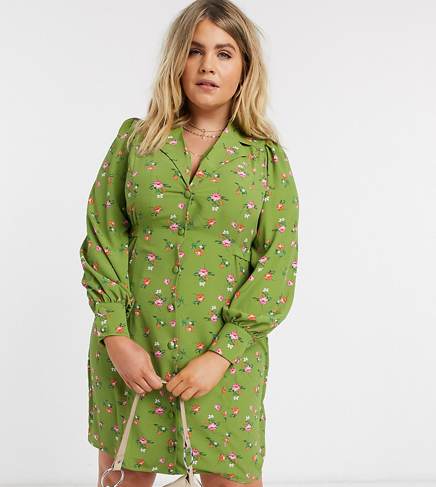 Fashion Union Plus button up midi dress in ditsy floral-Green