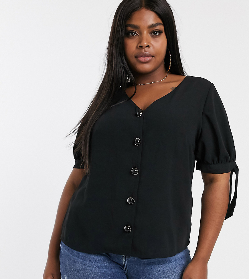 Fashion Union Plus button up top with sleeve detail-Black