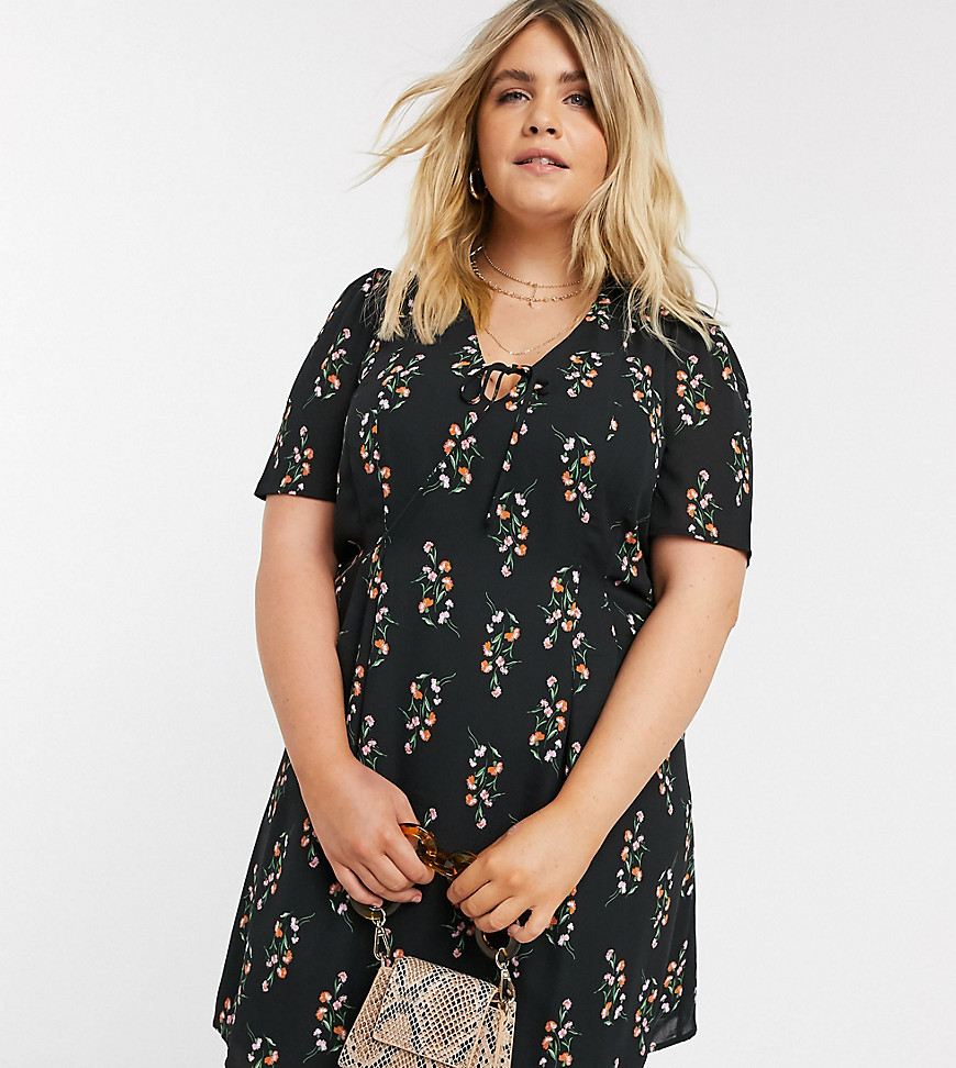 Fashion Union Plus - Diepuitgesneden mini-jurk met bloemenprint-Zwart