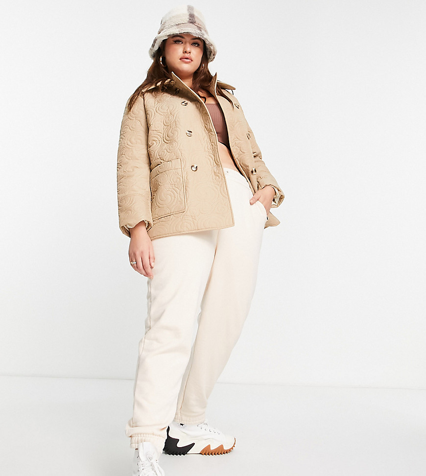 fashion union plus double breasted short quilted jacket in camel-neutral