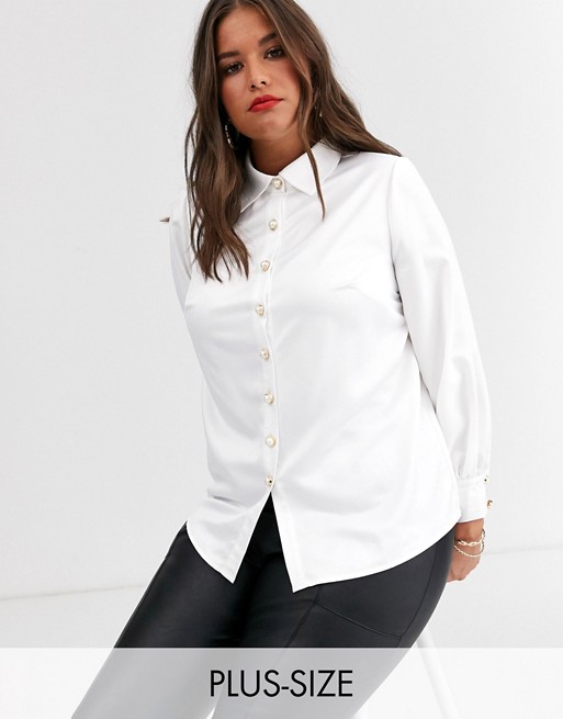 Fashion Union Plus faux pearl button front blouse with balloon sleeve in ivory