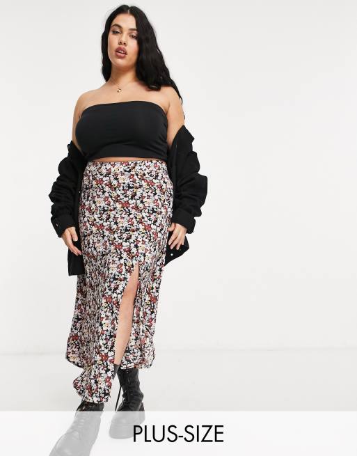 Fashion Union Plus - Geplooide midirok met dijsplit in wilde bloemenprint