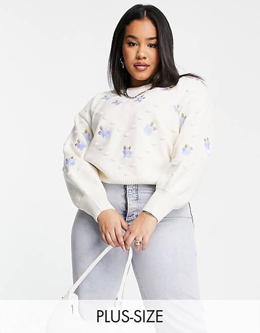 Fashion Union Plus high neck cropped jumper with floral embroidery