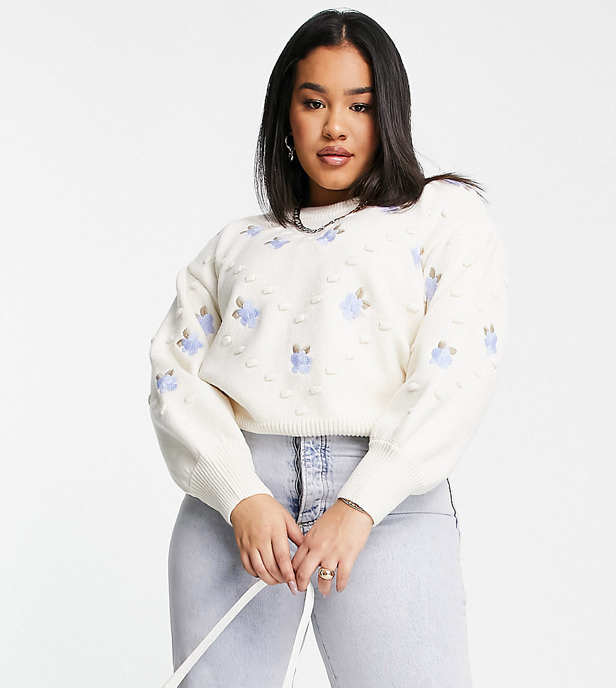 Fashion Union Plus high neck cropped sweater with floral embroidery-White