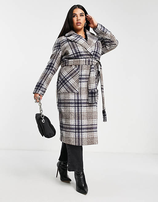 Women Fashion Union Plus longline wool blend coat in check with tassle belt 