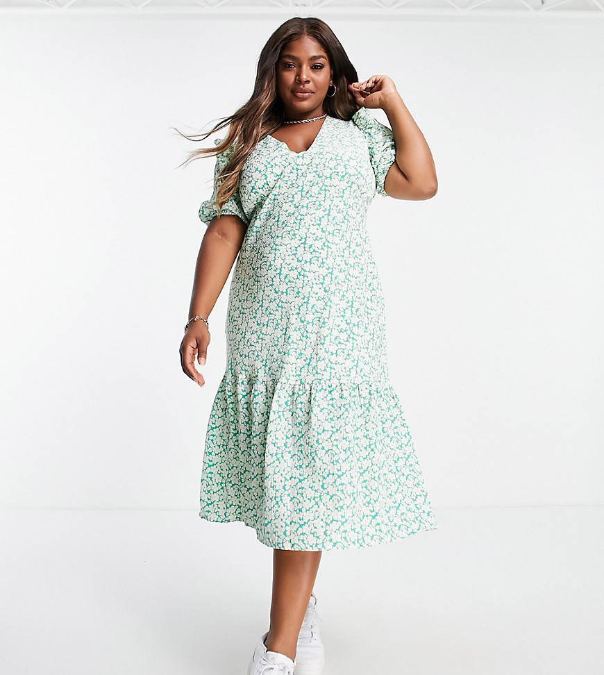 Fashion Union Plus maxi tea dress in green floral with ruffle sleeves