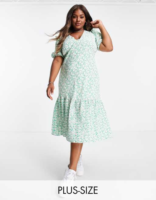 Fashion Union Plus maxi tea dress in green floral with ruffle sleeves ...