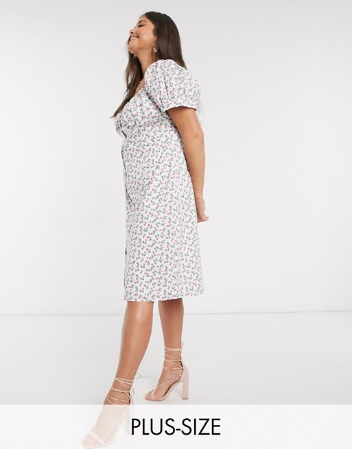 Fashion Union Plus midaxi dress with puff sleeve in ditsy rose floral