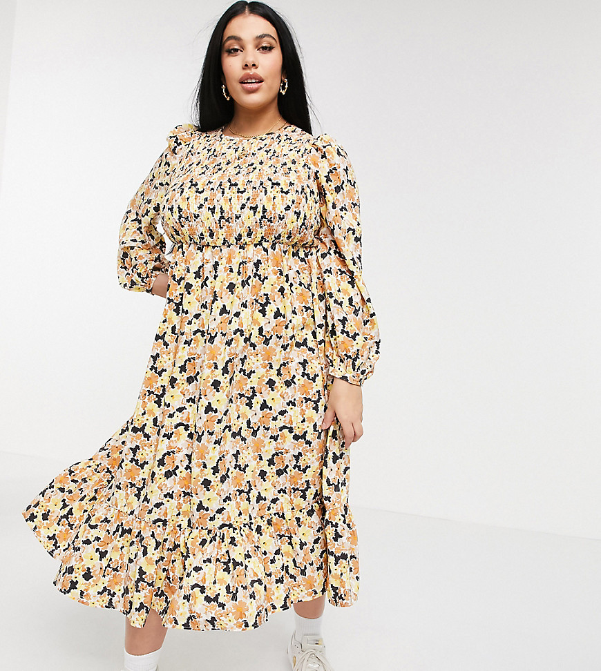 Fashion Union Plus midaxi dress with shirred bodice and tiered skirt in floral-Multi