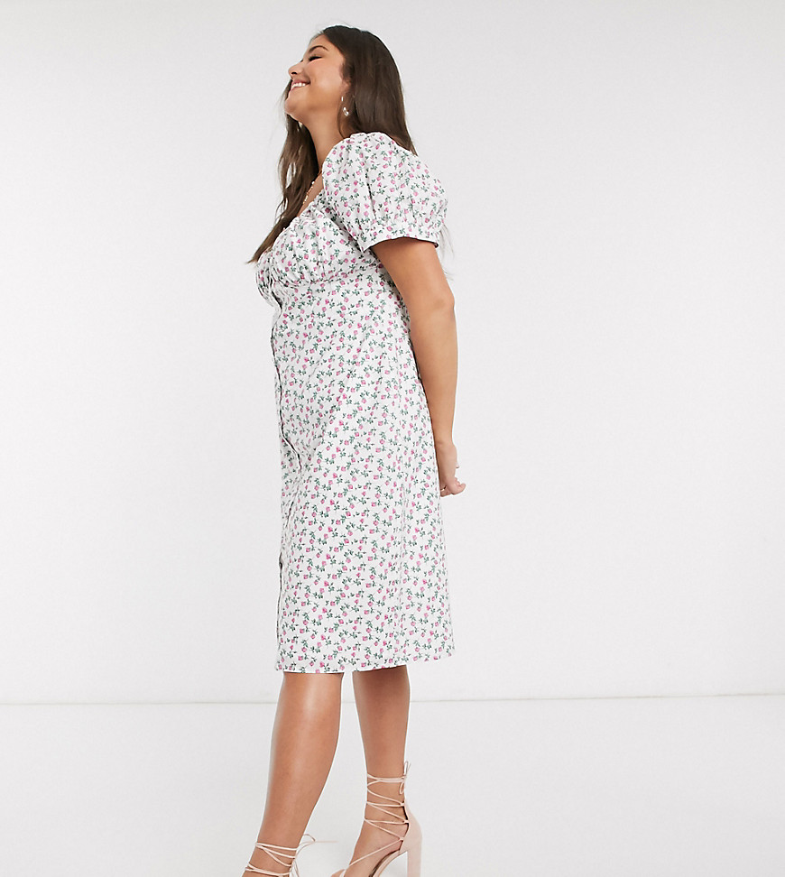 Fashion Union Plus - Midaxi-jurk met pofmouwen en fijne rozenprint-Wit