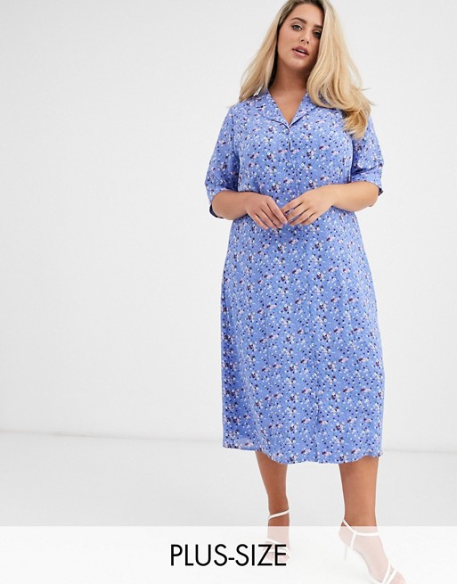 Fashion Union Plus midi fitted shirt dress in blue floral