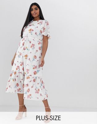 Fashion Union Plus - Midi-jurk met ongelijke zoom en bloemenprint-Wit