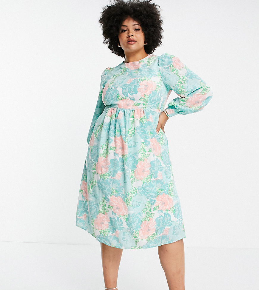 fashion union plus midi smock dress with balloon sleeves in big bloom floral-multi