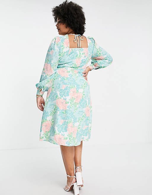 Women Fashion Union Plus midi smock dress with balloon sleeves in big bloom floral 