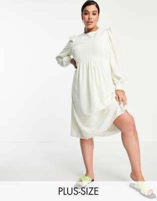 Fashion Union Plus midi smock dress with balloon sleeves in lime floral-Green