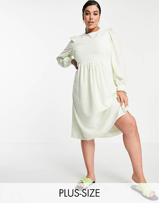 Fashion Union Plus midi smock dress with balloon sleeves in lime floral