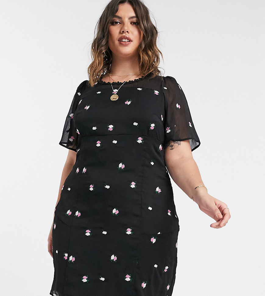Fashion Union Plus - Mini-jurk met geborduurde bloemen en doorzichtige laag-Zwart