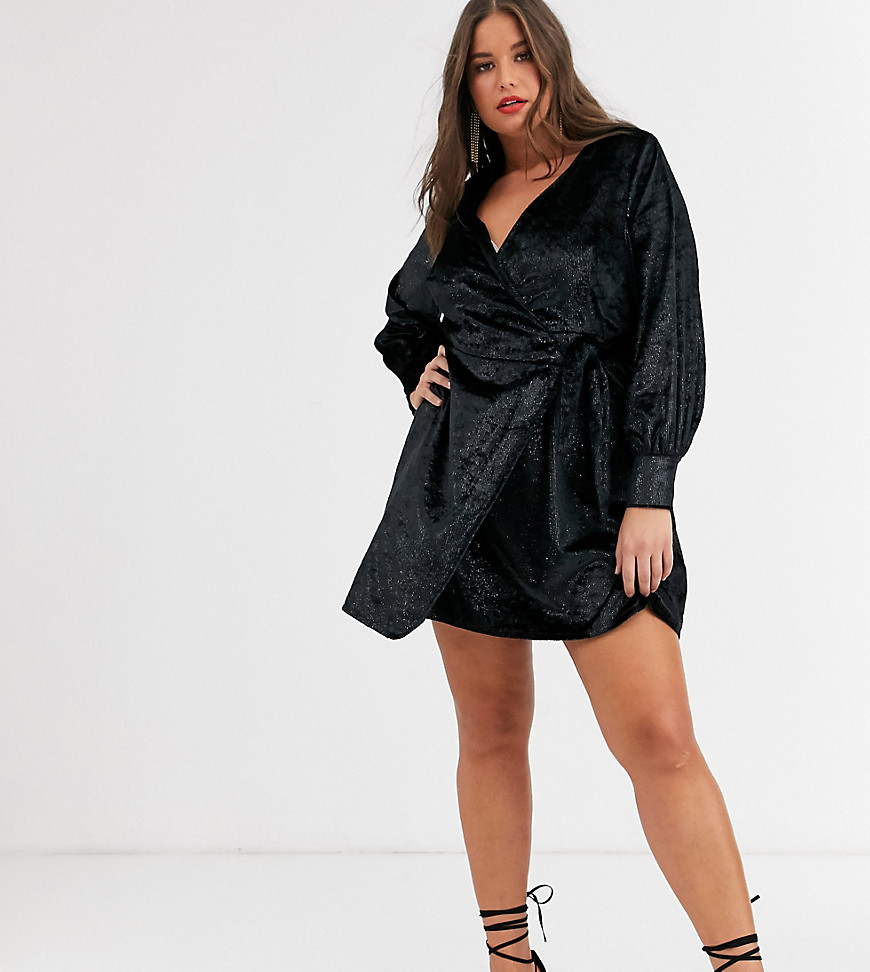 Fashion Union Plus - Mini-jurk met gestrikte taille en pofmouwen in zwart fluweel