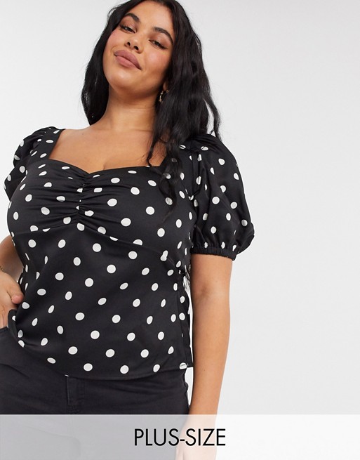 Fashion Union Plus puff sleeve milk maid crop blouse in polka dot