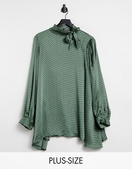 Fashion Union Plus pussybow relaxed blouse with puff sleeves in diamond spot
