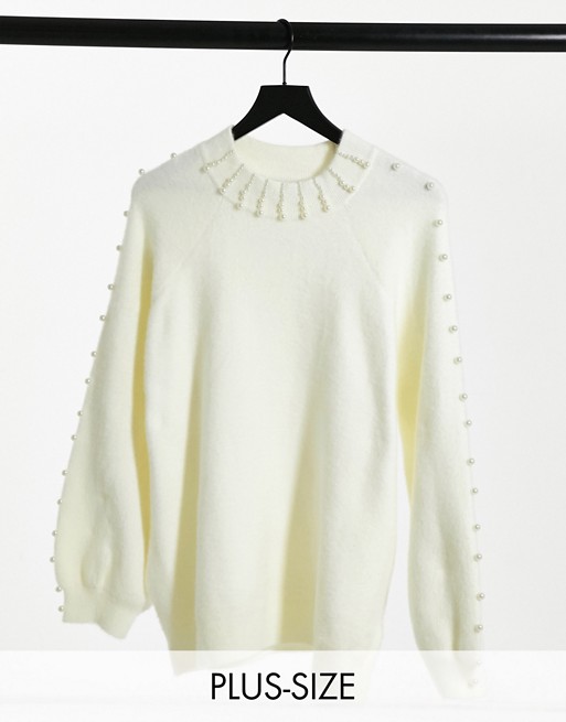 Fashion Union Plus relaxed jumper with pearl embellishment