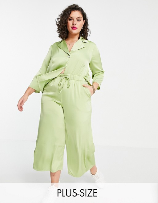 Fashion Union Plus relaxed retro shirt in lime satin co-ord