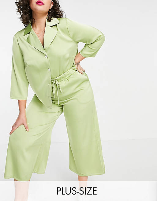 Fashion Union Plus relaxed wide leg trousers in lime satin co-ord