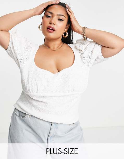 Fashion Union Plus scoop neck puff sleeve blouse in stretch lace - view 1